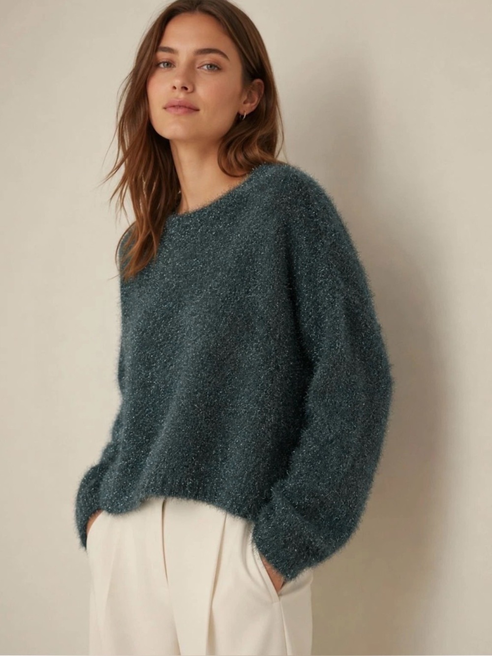 Vince Slouchy Black & Blue/Green Metallic Crewneck Sweater Sz S